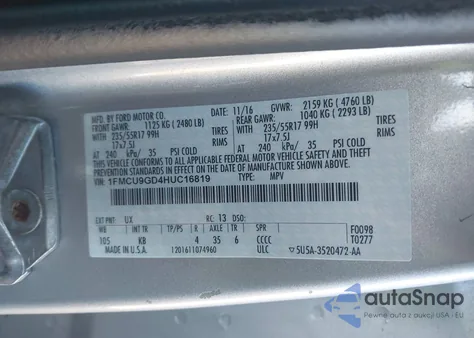 2017 Ford Escape Se из США, поврежденный, VIN 1FMCU9GD4HUC16819